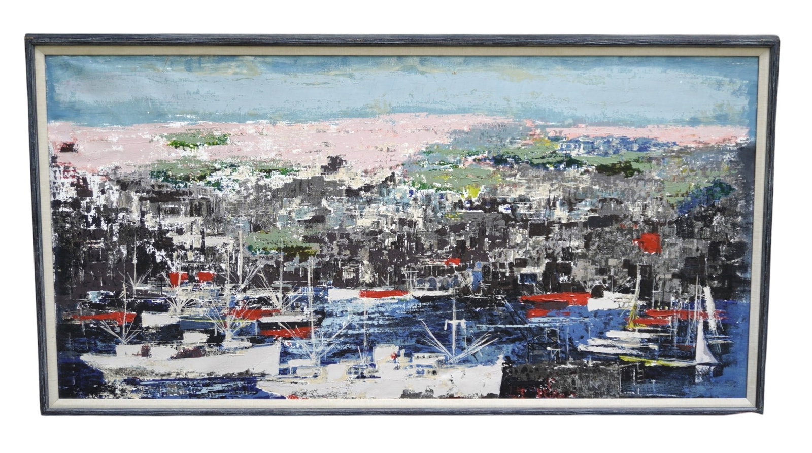 MCM JOSE LUIS FLORIT (Spain,1909-20001 OIL CADAQUES MARINA: Mid Century Jose Luis Florit (Spain 1909-2000) Oil on canvas featuring a Port Scene in Spain with the original gallery tag on Back from the School of Fine Arts in Barcelona. In frame measuring 26" X 5