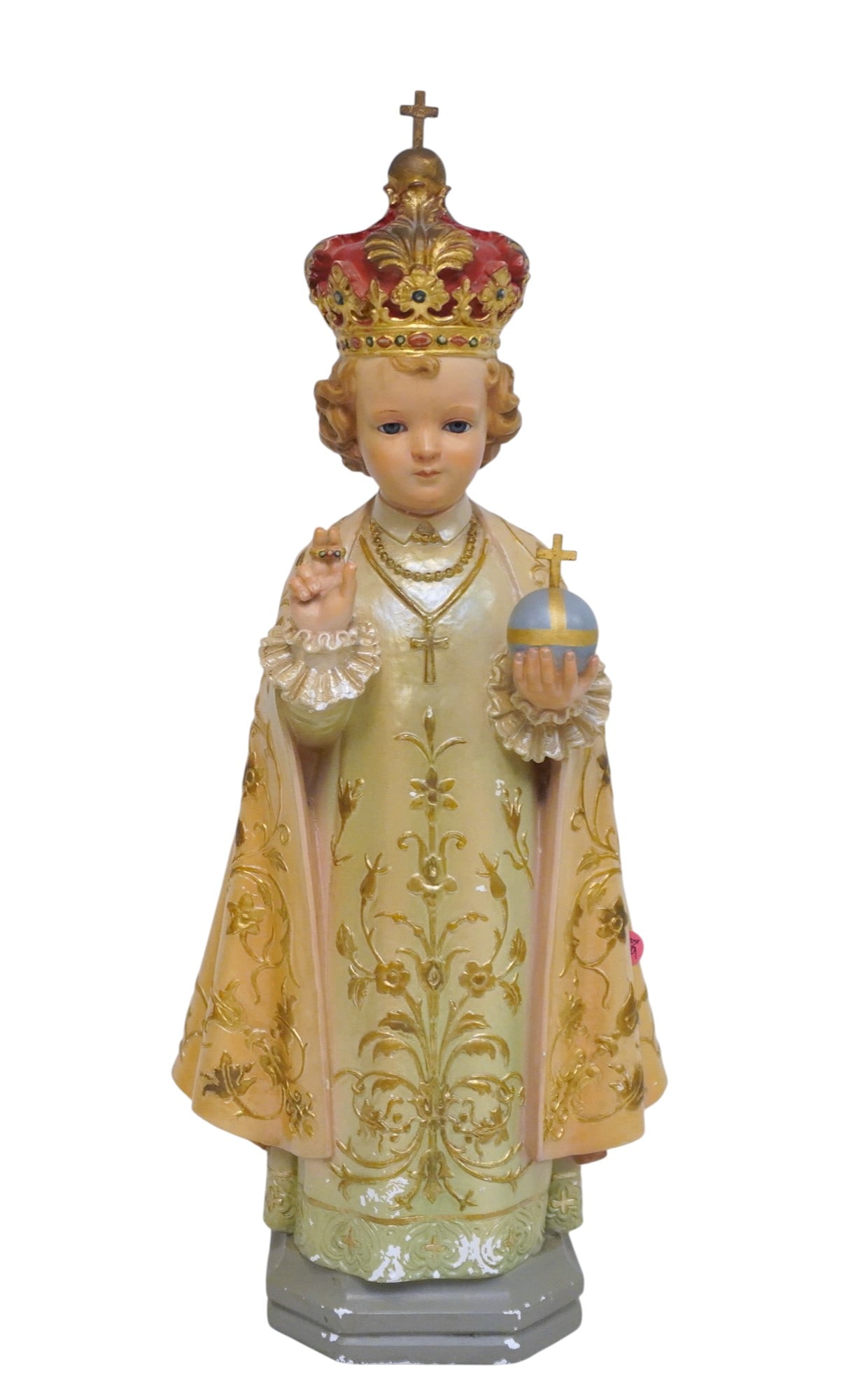 1938 D'APRATO STUDIOS INFANT OF PRAGUE WITH GLASS EYES CHALKWARE STATUE: 1938 D'Aprato Studios Infant of Prague Chalkware Statue with glass eyes in apparently excellent condition.Marked at the back "1938 Daprato Studios Chicago / New York"..Daprato Statuary was founded in 