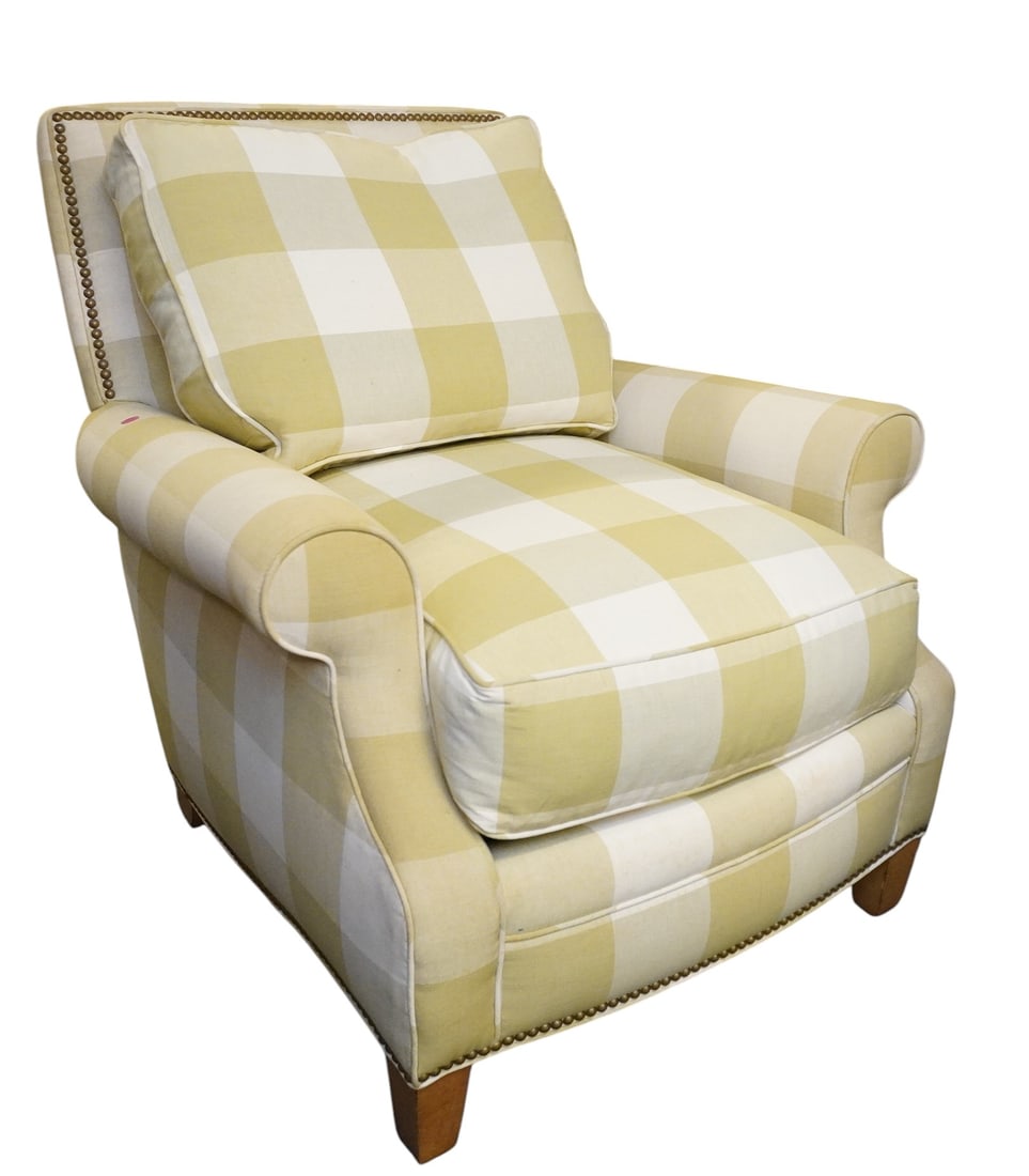 HANCOCK & MOORE BUFFALO CHECK CLUB CHAIR: Hancock & Moore Taupe and Cream Buffalo Check Armchair with Nailhead Trim. Measures 29"x29"x31" tall. PROVENANCE The Historic R.M. Venning House, Charleston SC **In house shipping available on this