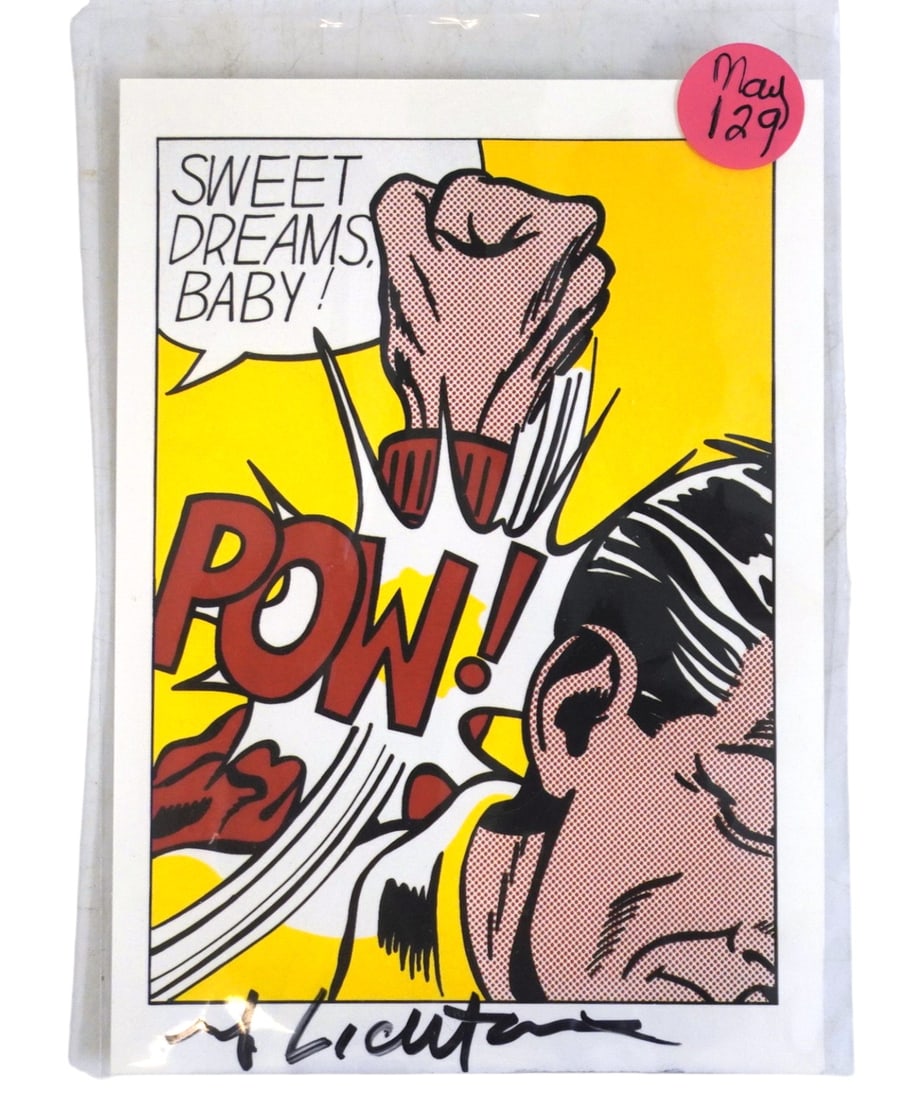 ROY LICHTENSTEIN SIGNED SWEET DREAMS BABY PORTCARD: Roy Lichtenstein autographed postcard. Sweet Dreams Baby! 1965. c.1994 Chronicle Books. Marker signed. Very good condition, light staining on verso. Postcard published on the occasion of the
