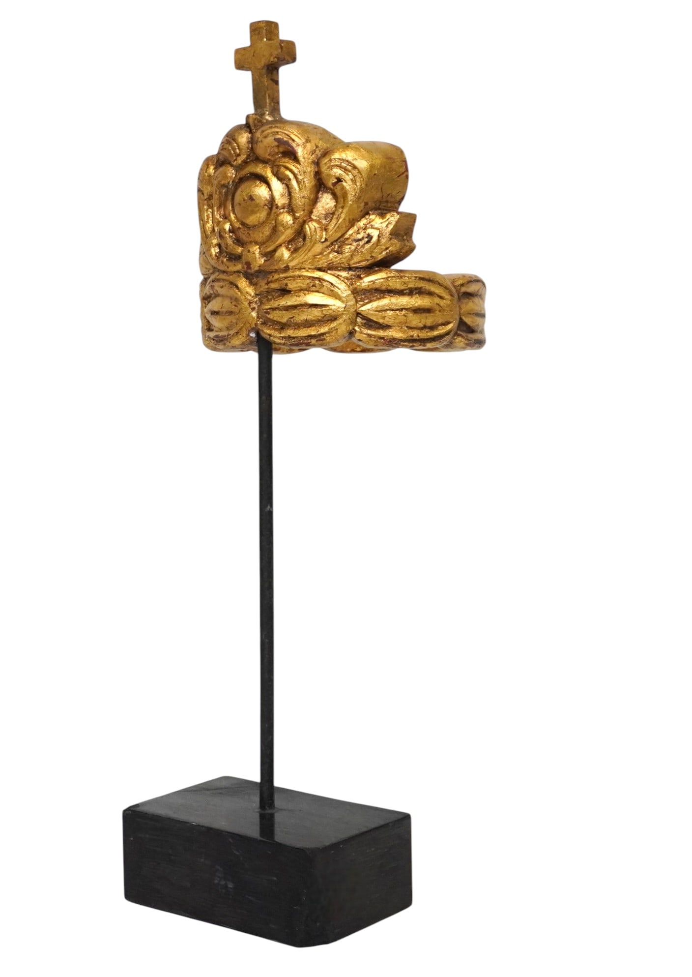 EUROPEAN RELIGIOUS GOLD LEAF CROWN ON STAND: European Gold Leaf Religious Crown on Black Granite Stand. 18 1/4"h x 7"w. Weight 4 lbs **In house shipping available on this lot** If you win this lot, please select self arranged for in house