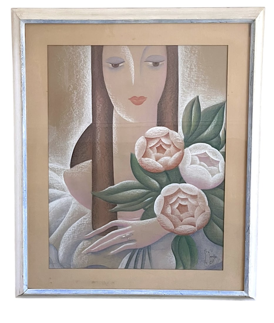 VINTAGE ART DECO WOMAN PASTEL PRINT: Vintage Art Deco Pastel Print. In frame easures 27"x32 1/2"x1 1/2". Weight 8 lbs. PROVENANCE The Historic R.M. Venning House, Charleston SC **In house shipping available on this lot** If you win this 