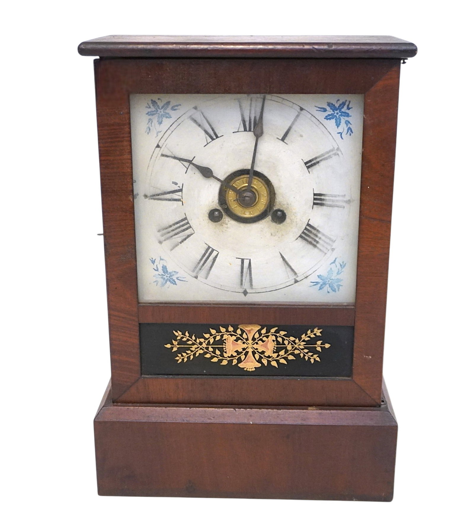 ANTIQUE AMERICAN JEROME & CO. COTTAGE CLOCK c. 1885: Antique American c. 1885 Jerome & Co. New Haven, Conn. 30 Hour, Flat Top Cottage Clock with time and alarm.With key and pendulum. Reverse painted trumpet cross. Measures approx. 11.75" x 7.5" x 3.25" 