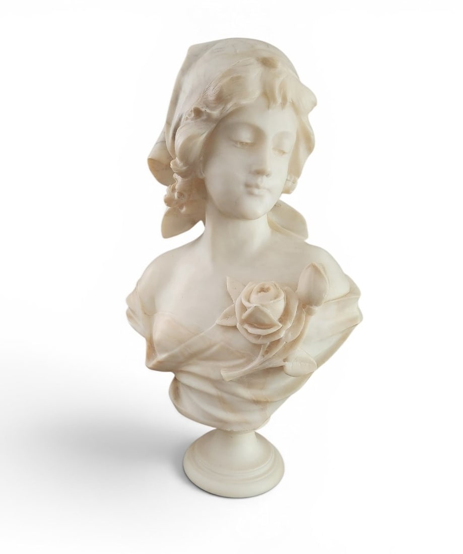 ANTIQUE ITALIAN SIGNED ALABASTER FEMALE BUST: Antique Italian Finely Carved Alabaster Bust of a Woman. Signed en verso. Measures 13"x6"x20" tall. Weight 34 lbs. **In house shipping available on this lot** If you win this lot, please select self a