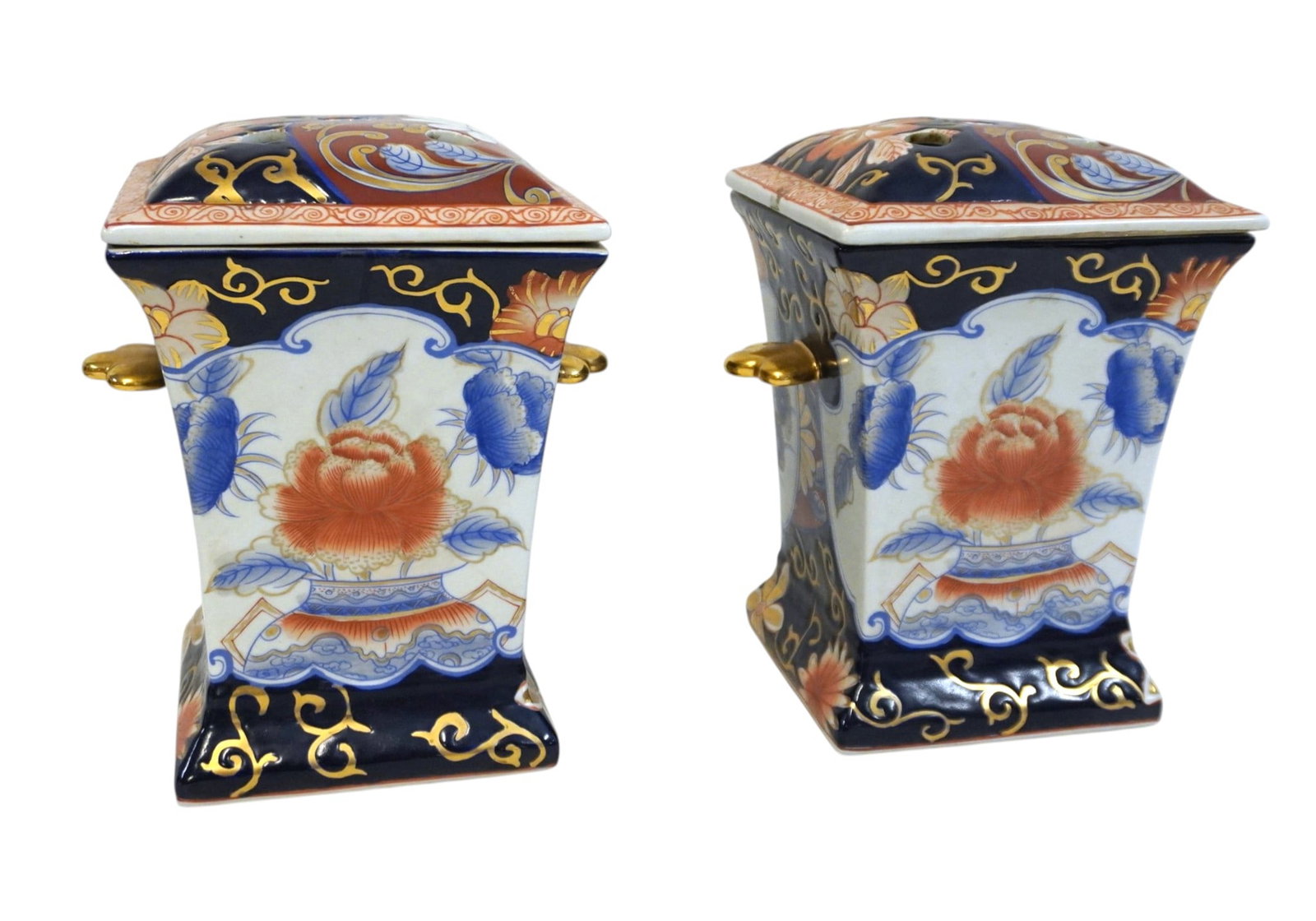 2 LARGE IMARI HAND PAINTED PORCELAIN FLOWER BRICKS: A matched pair of Hand Painted Imari Porcelain Flower Bricks. Features a classic Imari palette of underglaze cobalt blue, iron red and gold accents with florals.Pierced lids. Signed. Each 7 1/2"x6 1/2
