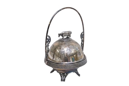 ANTIQUE MERIDEN PLATED DOMED COW BUTTER SERVER
