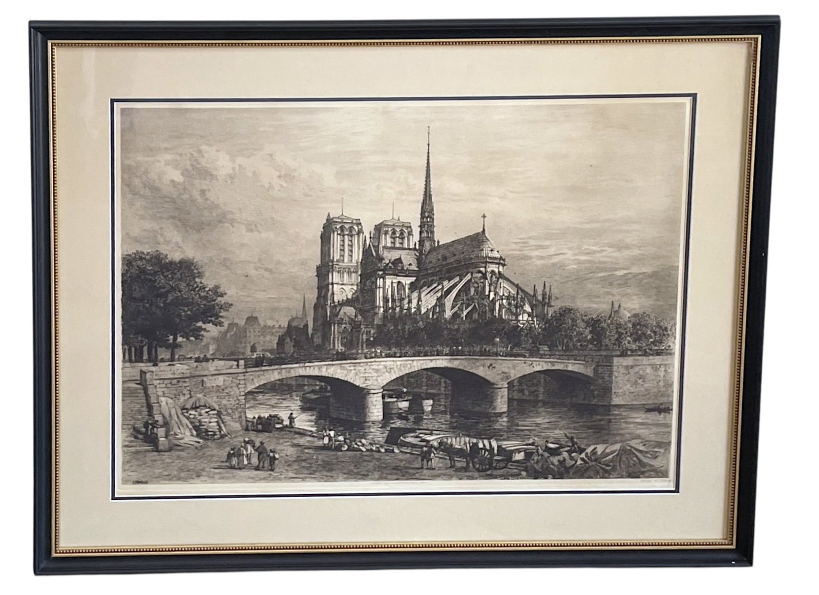 AXEL HERMAN HAIG (1835-1921) SIGNED LARGE ETCHING OF NOTRE DAME: Large Axel Herman Haig (Hagg) Pencil signed Large Etching of Notre Dame Paris c 1900. Professionally framed and matted . In frame measures 32"x40 1/2"x1". Weight 14 lbs. **In house shipping available 