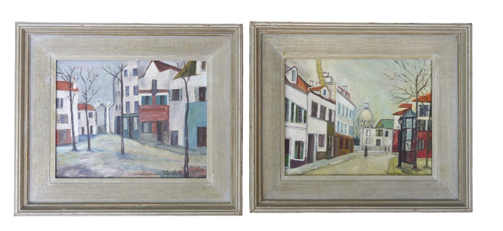 2 MCM MAURICE UTRILLO (1883-1955) IN THE STYLE OF OIL ON BOARD: Two (2) Mid Century Oil on Board "in the style of"Maurice Utrillo, born Maurice Valadon; December 1883 died November 1955, was a French painter of the School of Paris who specialized in cityscapes.