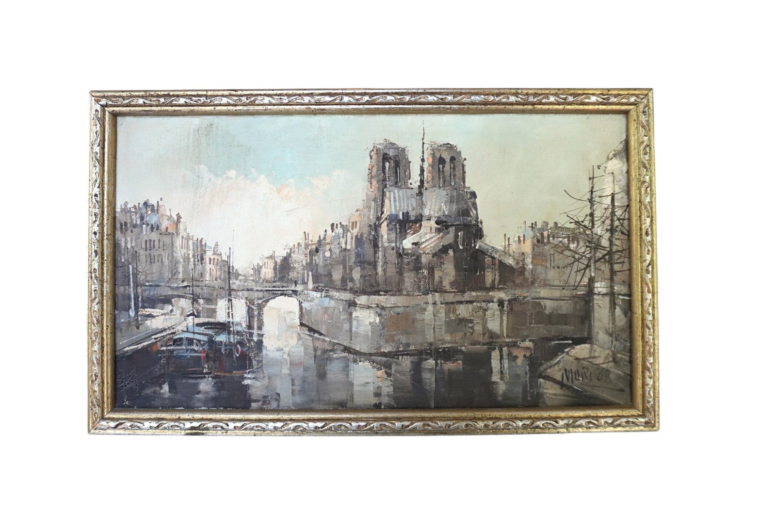 MID CENTURY 1968 NOTRE DAME OIL ON CANVAS BY MORI: Mid Century Modernist 1968 Impasto Oil on Canvas of Notre Dame signed Mori and dated 1968. Professionally framed. Measures approx. 14" 8.5" x 1.5" and weighs 15 oz. **In house shipping available on