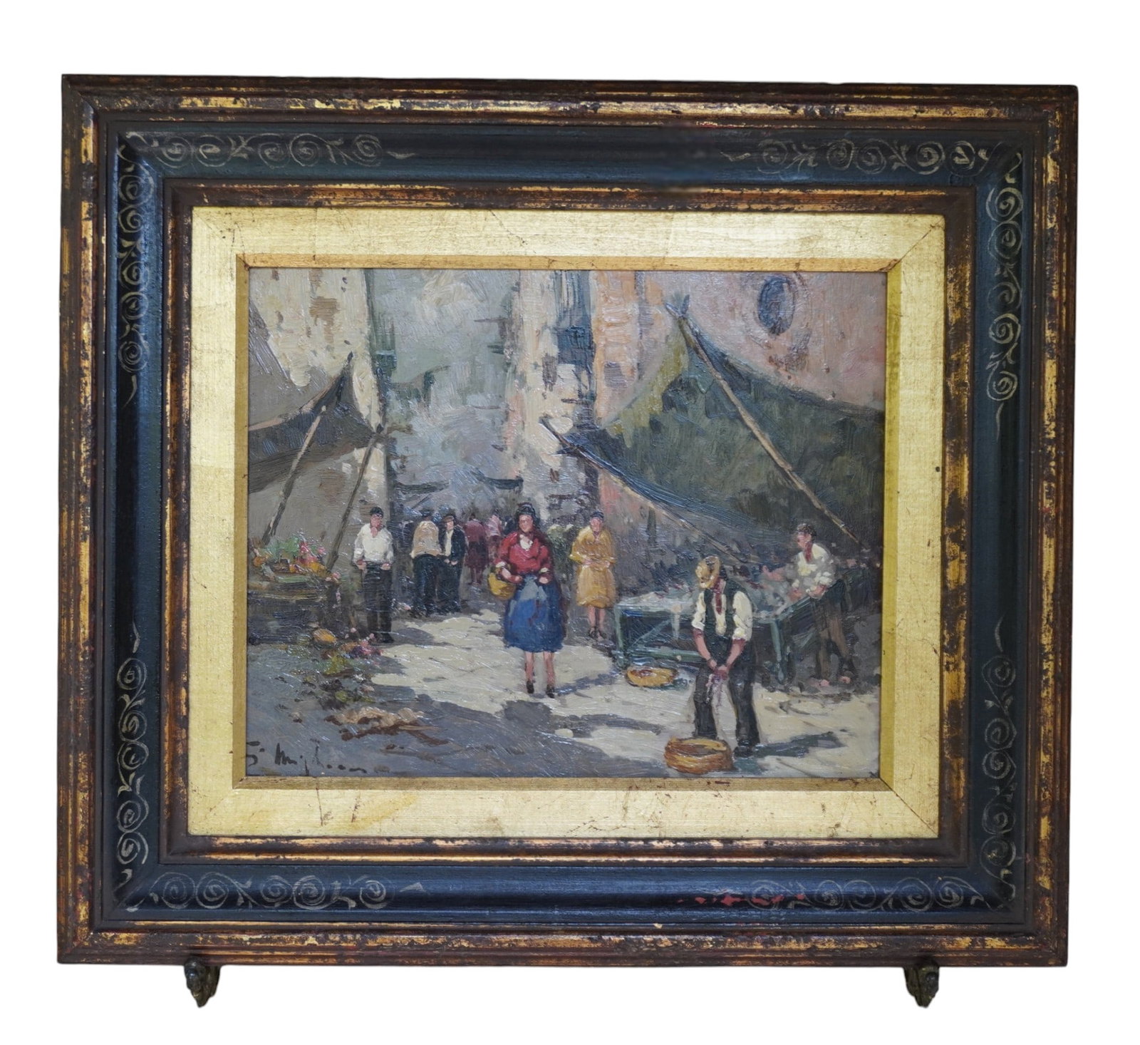 MID CENTURY ITALIAN SCHOOL MARKET SCENE OIL ON BOARD: Mid Century Italian School Market Scene Oil on Board. Signed lower left (indecipherable). In hand painted wood frame. In frame measures 18"x16"x1 1/2". Weight 3 lbs. **In house shipping available on