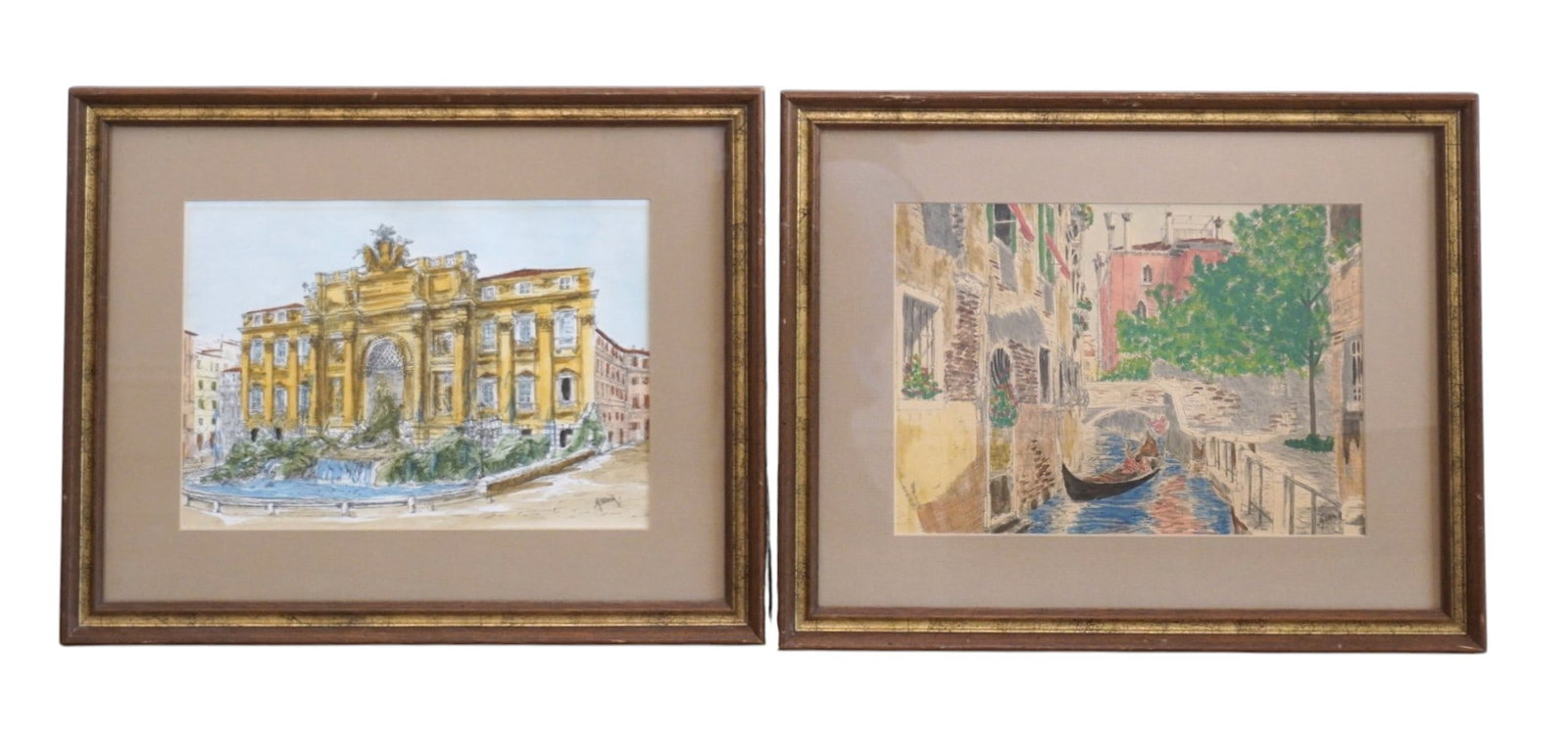 2 GRAZIA CARTI MID CENTURY HAND COLORED LITHOGRAPHS: 2 Mid Century Italian School Hand Colored Lithographs by Grazia Carti, The Trevi Fountain and a Venice Canal. Both signed lower right. Professionally framed and matted under glass. In frames each