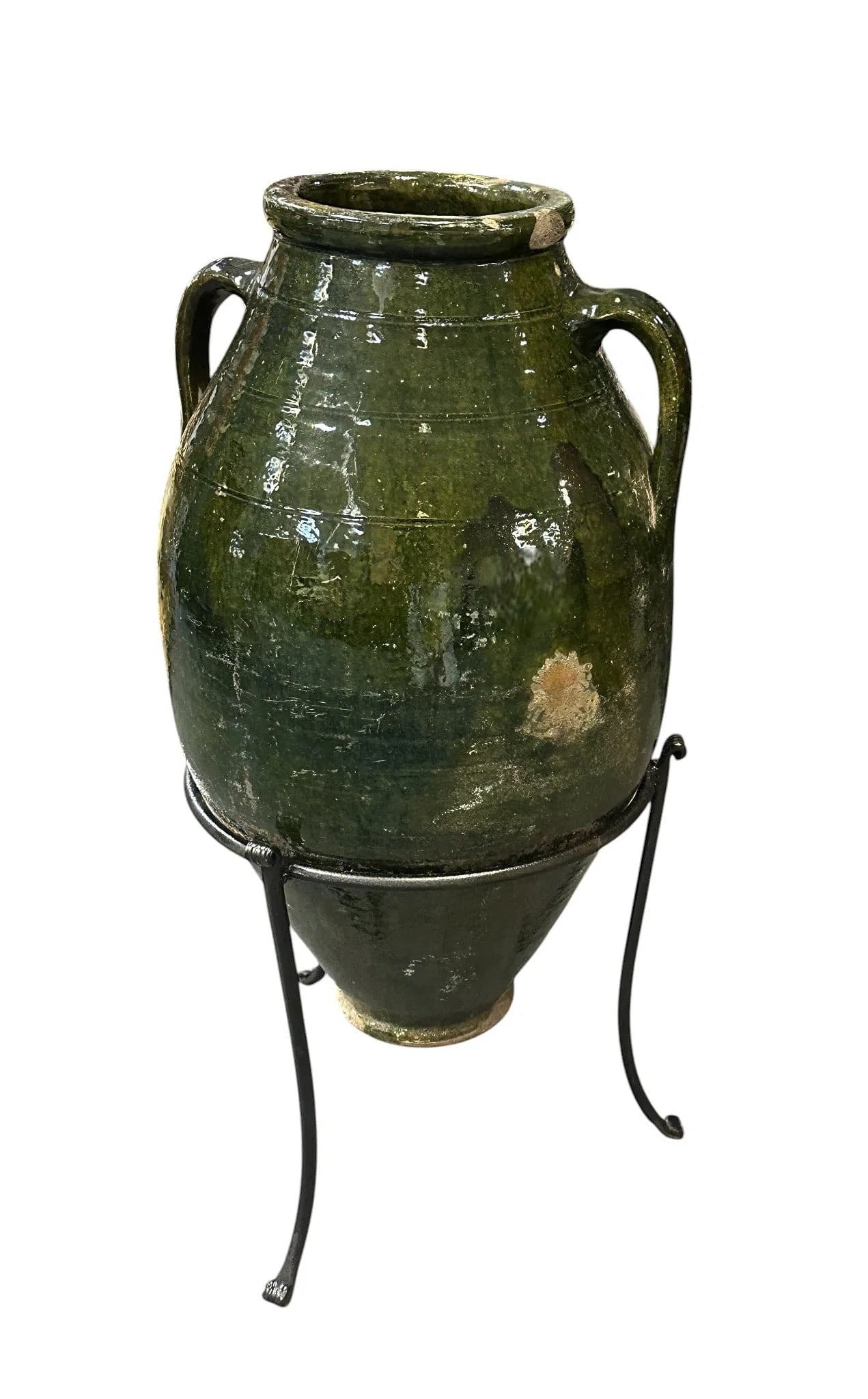 19th CENTURY LARGE MEDITERRANEAN OLIVE JAR & STAND: Large Antique Early 19th c Glazed Mediterranean Terracotta Olive Jar. The ovoid body tapers gracefully to a narrow foot and rises to a short neck with everted lip. Two symmetrical loop handles. With
