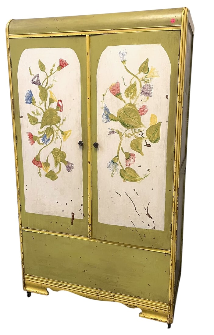 VINTAGE HAND-PAINTED FOLK ART CABINET: 63" x 36" x 19"