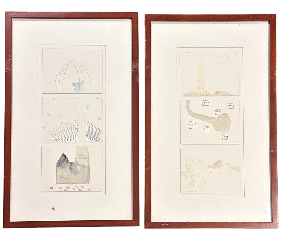 6 CONTEMPORARY W WAGNER IN 2 FRAMES WATERCOLORS: Six Contemporary Watercolor Sketches all Signed W. Wagner. Professionally framed and matted in 2 frames with 3 works each. Measures 14"x23 1/2"x1". Weight combined 8 lbs. **In house shipping