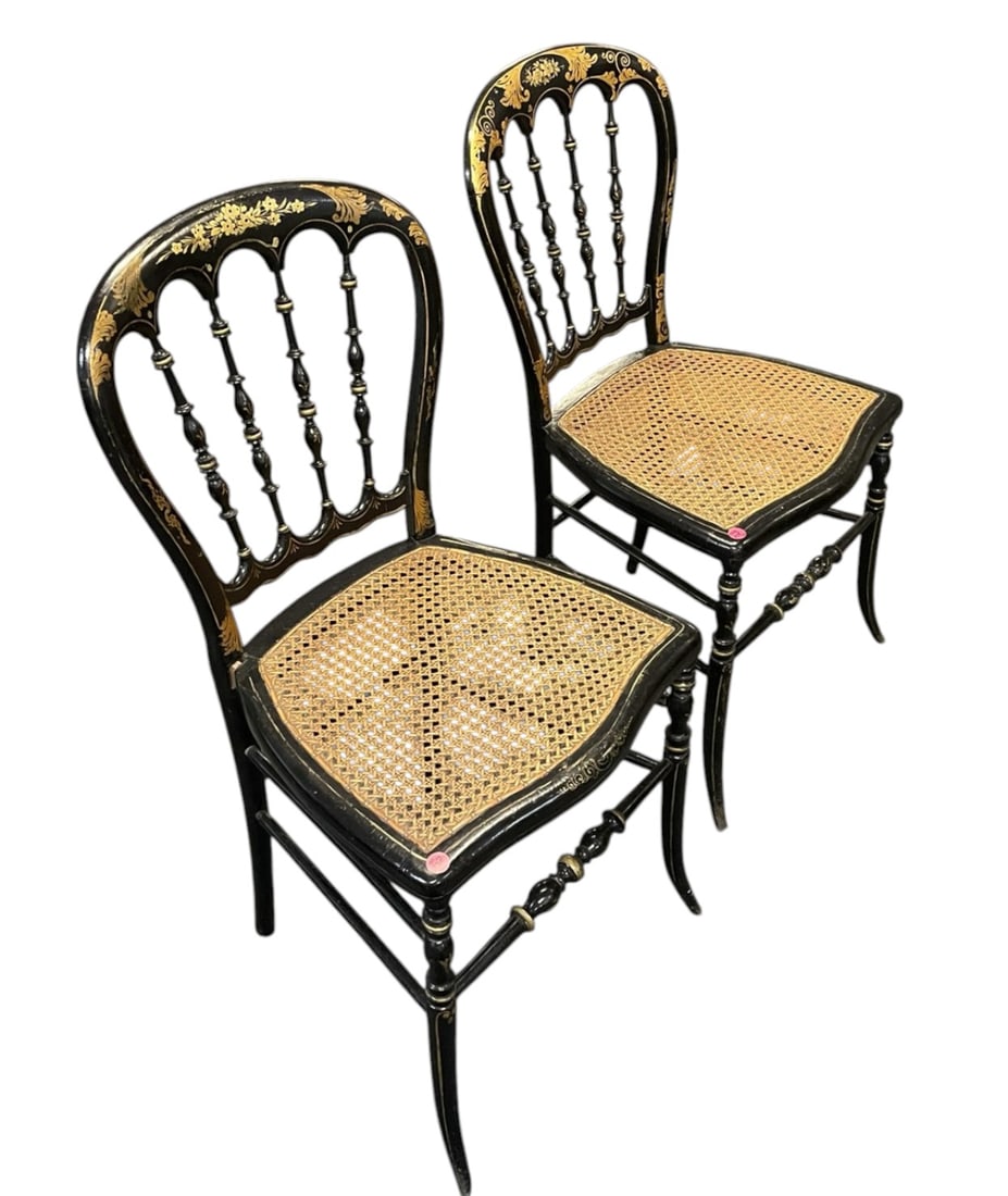 PAIR 19th c FRENCH NAPOLEON III SIDE CHAIRS: Pair of 19th c French Napoleon III Side Chairs. Black ebonized wood frames with gilt hand painted accents. Each 16"x15"x33" PROVENANCE The Historic R.M. Venning House, Charleston SC **In house