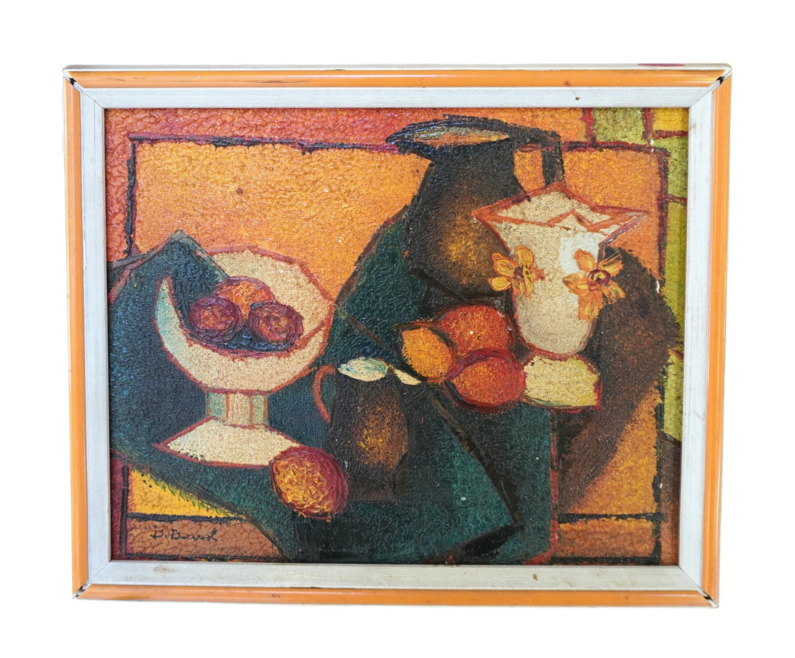 FRENCH MID CENTURY MODERNIST STILL LIFE WITH FRUIT: French Mid Century Modernist Impasto Still Life with fruit, a jug and vase.Signed D. Durand. In frame measures 11" x 9" x 1.5" and weighs 15 oz. **In house shipping available on this lot** If you win 