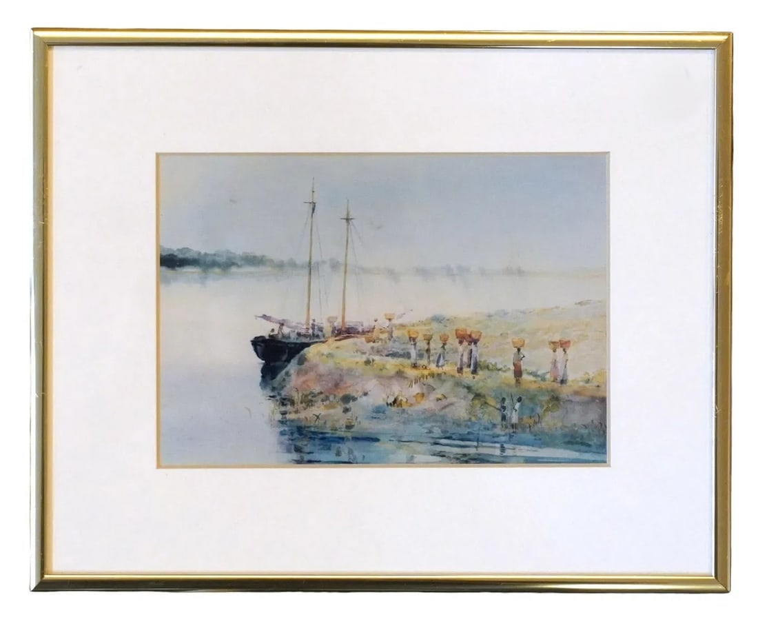 ALICE RAVENEL HUGER SMITH FRAMED WATERCOLOR PRINT: Alice Ravenel Huger Smith Framed Watercolor Print. African Americans Loading Rice on a Ship to send to market. In frame measures 10" x 8.25", weighs 1 lb 13 oz.