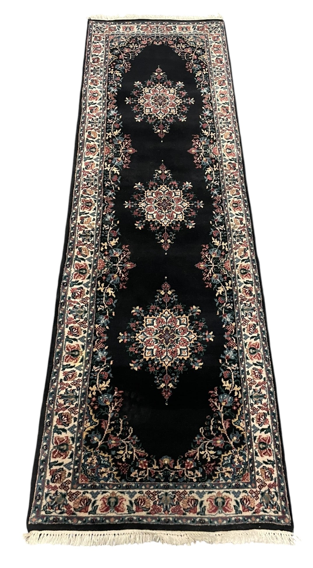 HAND KNOTTED ORIENTAL 8 FT RUNNER RUG: Fine hand-knotted Oriental runner featuring a classic Persian- inspired floral medallion design. A versatile traditional runner well-suited for hallways, entryways, kitchens, or layered interiors. Mea