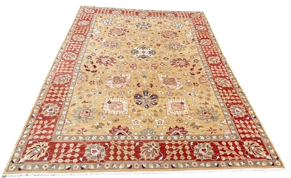 LARGE NOURISON NOUMAK COLLECTION SOUMAK AREA RUG: Nourison Nourmak Collection Soumak Gold Wool Floral Area Rug Carpet. Flat weave with all natural fibers. Made in India. Nourison?s patented ?Soumak? weave was specifically created to give these sophis