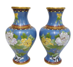 MATCHED PAIR OF 12" CHINESE CLOISONNE BLUE VASES