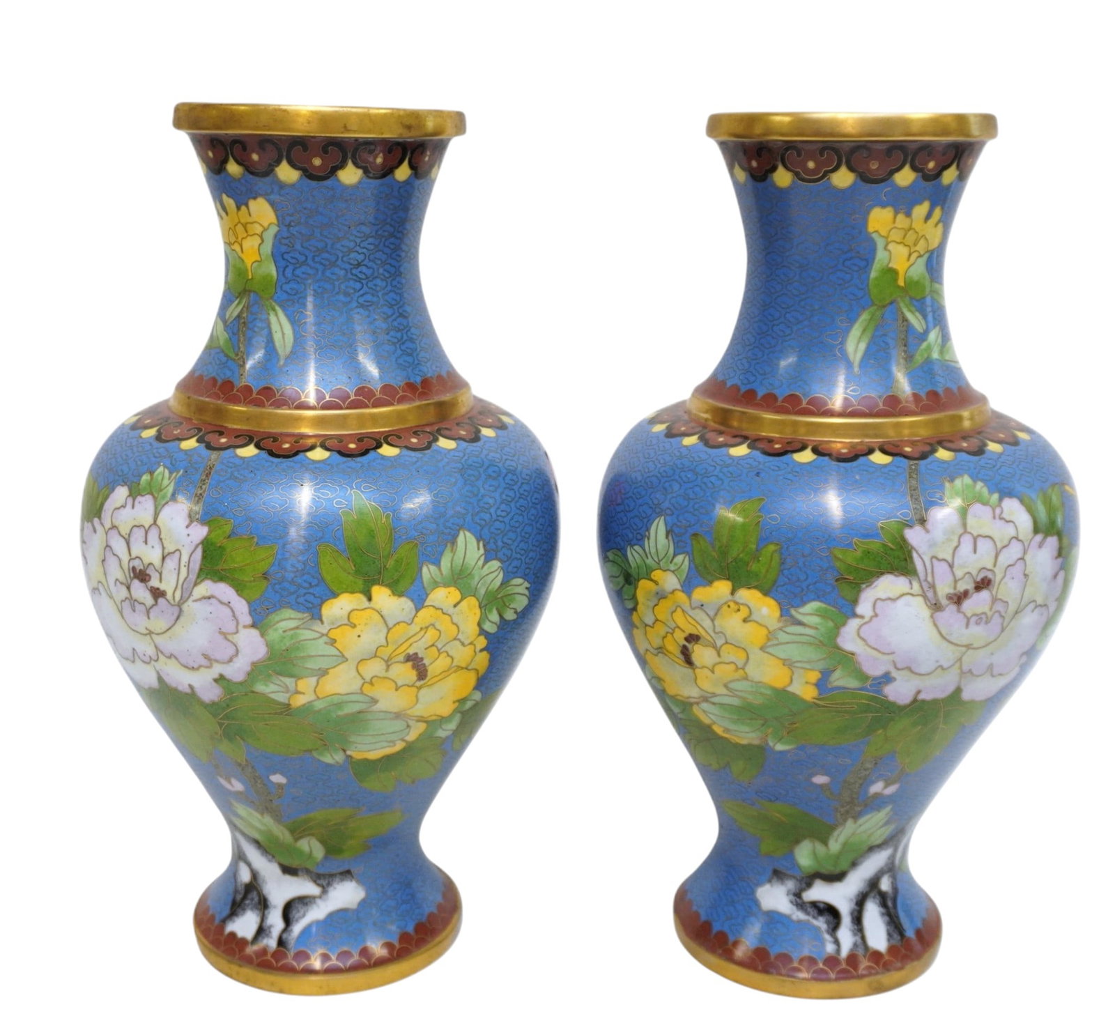 MATCHED PAIR OF 12" CHINESE CLOISONNE BLUE VASES (1 of 5)