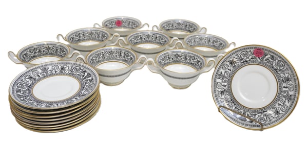 WEDGWOOD FLORENTINE BLACK (BLACK DRAGONS) SOUP CUPS AND SAUCERS - 18 PIECES