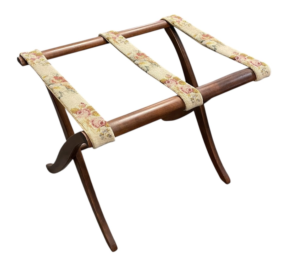 VINTAGE MID CENTURY FOLDING LUGGAGE RACK WITH TAPESTRY STRAPS (1 of 1)
