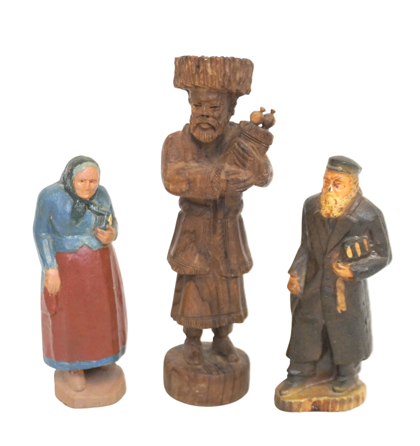 3 CARVED JUDICA WOODEN FIGURINES: 3 Carved Judica Wooden Figurines. Largest measures 8" x 2" in dia. Total lot weight is 1 lb 2 oz.