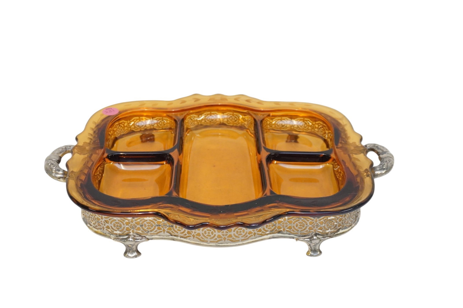 CAMBRIDGE 5 PART AMBER GLASS RELISH DISH (1 of 4)