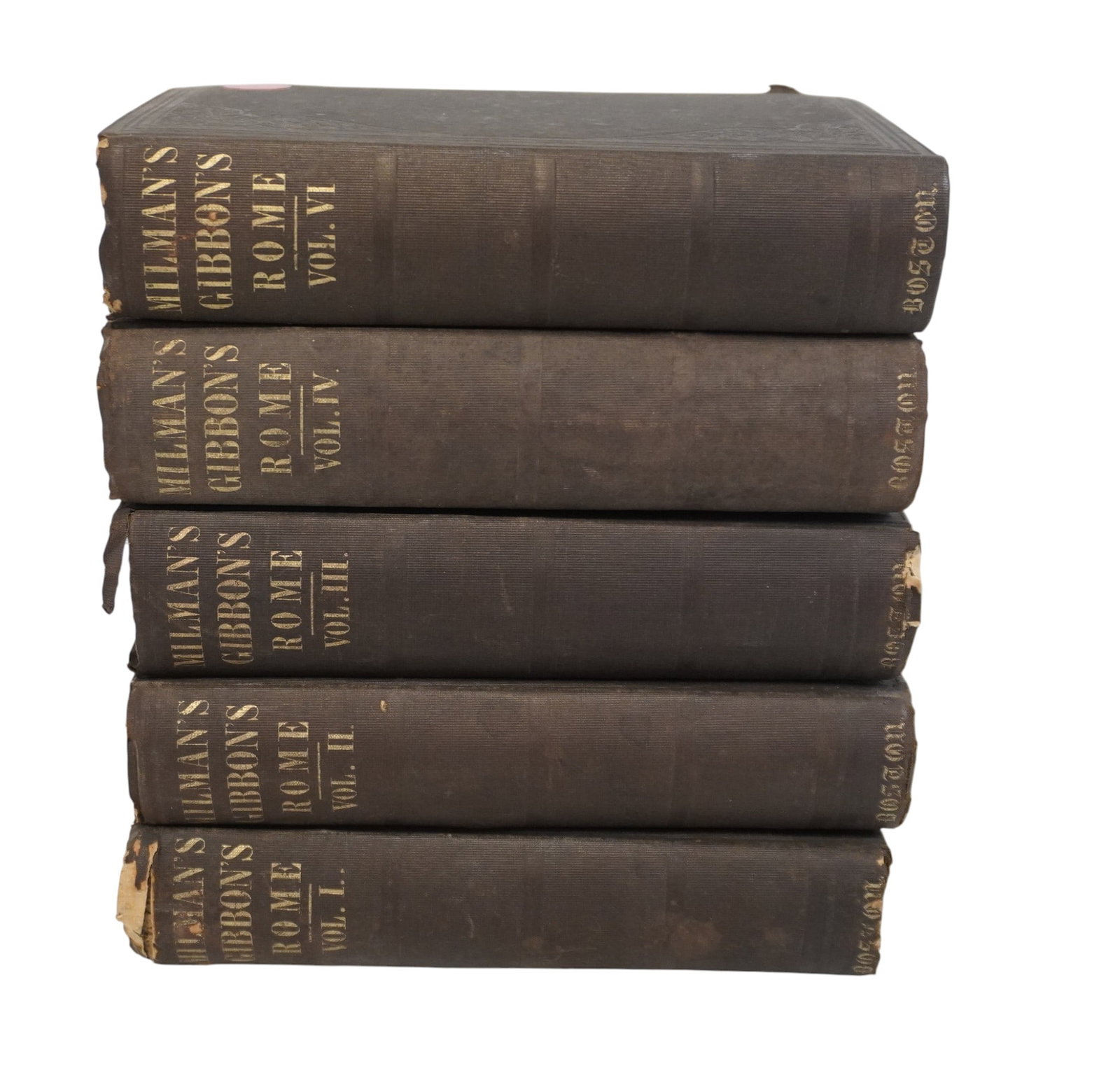 5 ANTIQUE MILMAN'S GIBBONS ROME VOLUMES: 5 Antique Milman's Gibbons Rome Volumes. Each measures approx. 7.75" x 5" x 1.5" and total lot weight is approx. 6 lbs. **In house shipping available on this lot** If you win this lot, please select