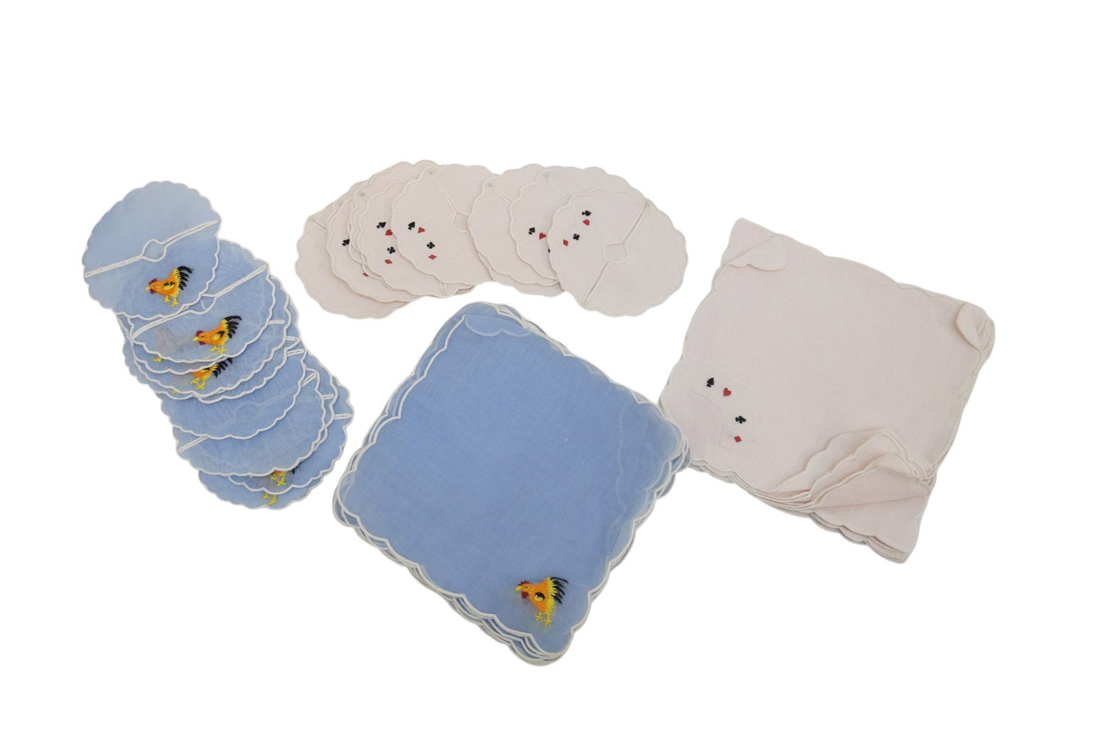 LOT OF VINTAGE HAND EMBROIDERED COCKTAIL NAPKINS AND STEMMED GLASS SLIPPERS - 48 PIECES: Lot of 48 Vintage Hand Embroidered Cocktail Napkins and Stemmed Glass Slippers. 12 of each style. Slippers are 3" in dia. and napkins are 5" x 5", total lot weight is 2.4 oz. **In house shipping avail