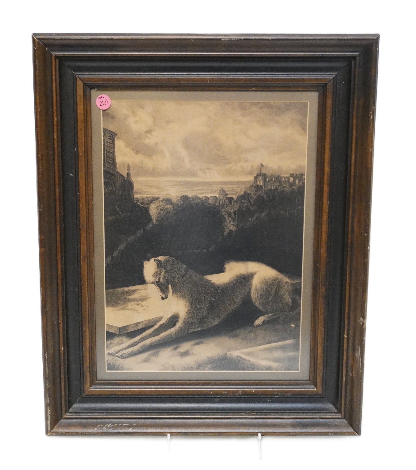 FRAMED ANTIQUE DOG ETCHING: Framed Antique Dog Etching in Frame with Anti-Glare Glass. Measures approx. 17" x 21" x 2" and weighs 3 lbs 9 oz. **In house shipping available on this lot** If you win this lot, please select self