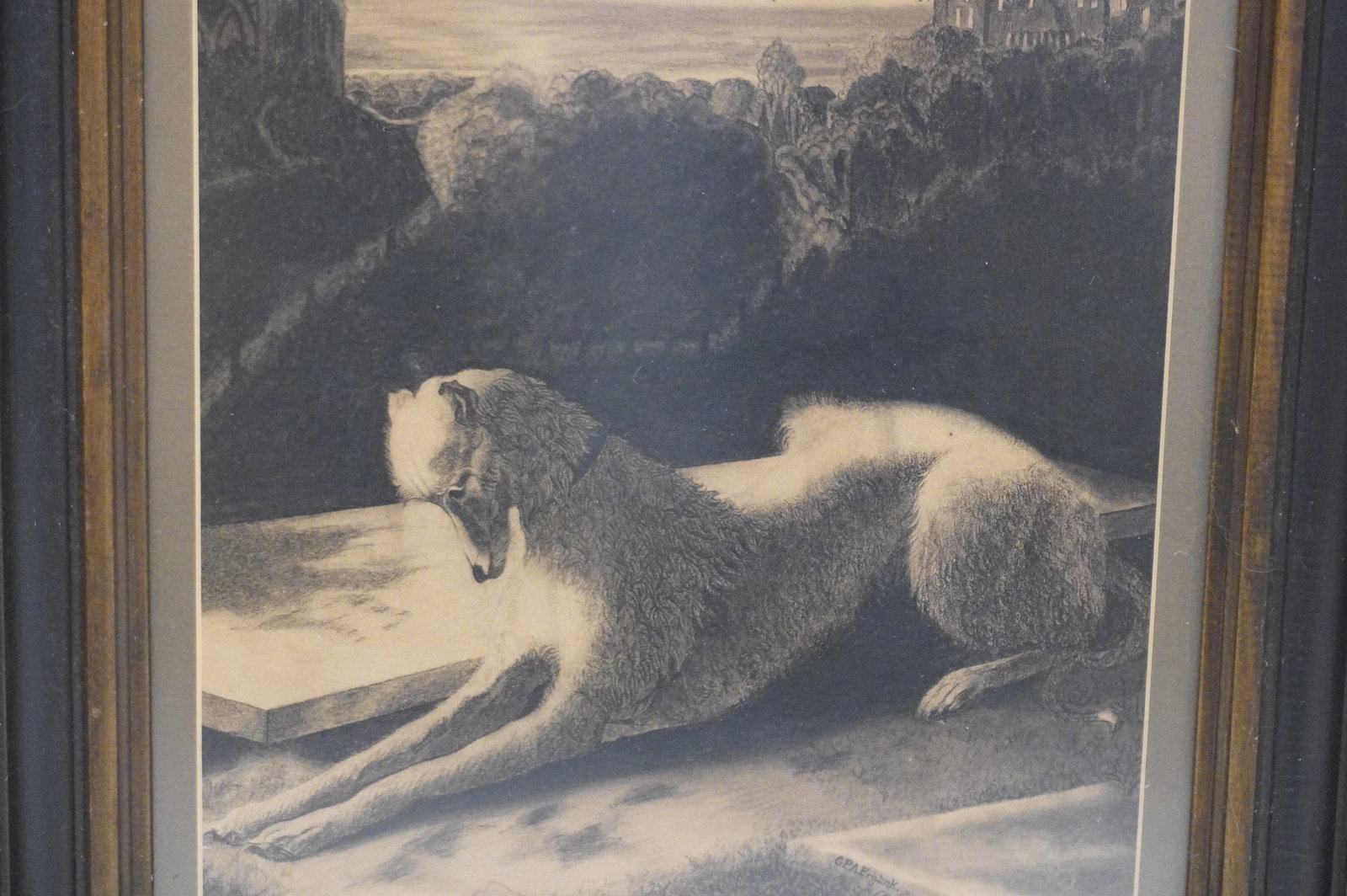FRAMED ANTIQUE DOG ETCHING - 2