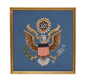VINTAGE FRAMED CROSS STITCH EMBROIDERED AMERICAN EAGLE