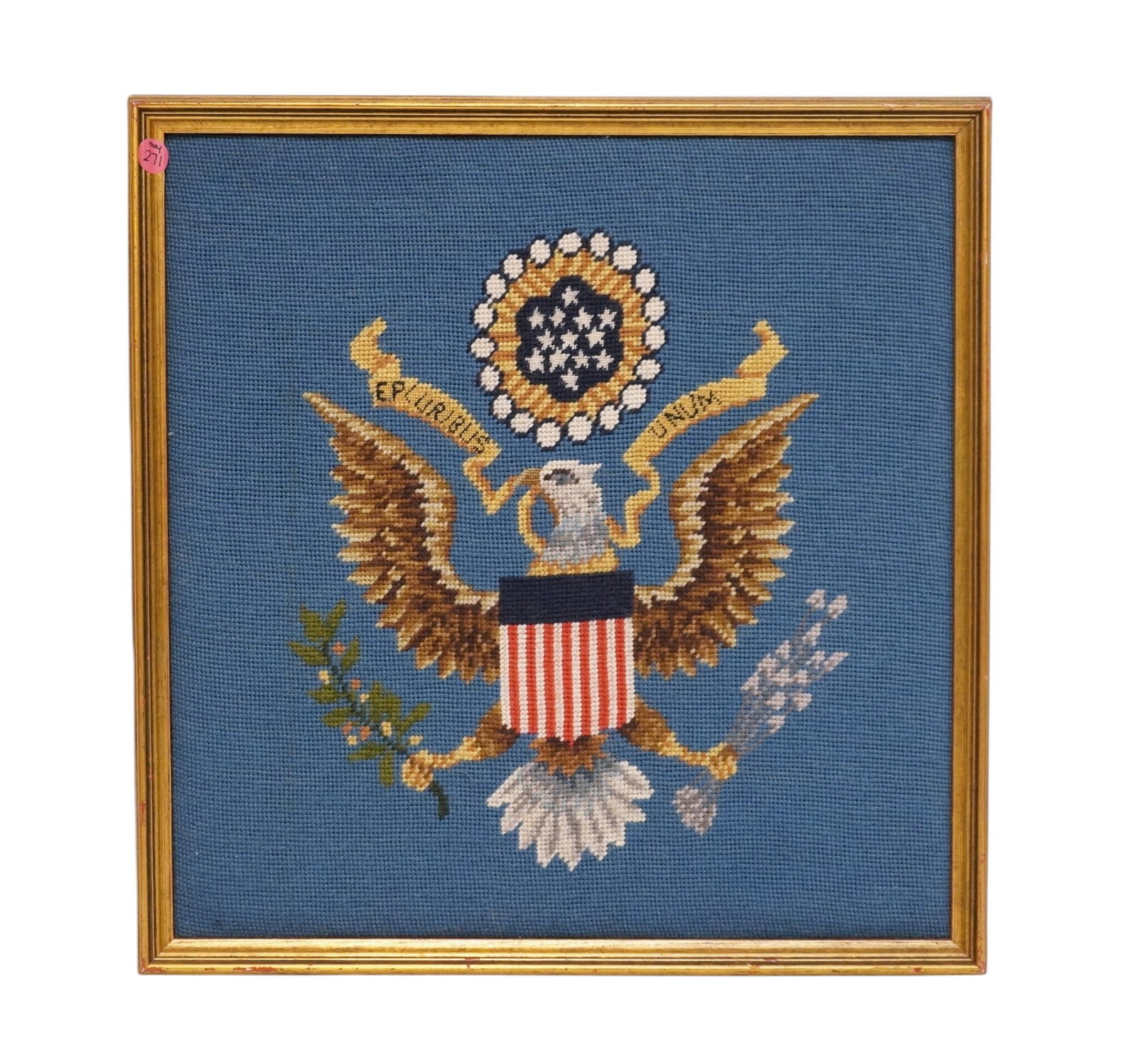 VINTAGE FRAMED CROSS STITCH EMBROIDERED AMERICAN EAGLE: Vintage Framed Cross Stitch Embroidered American Eagle. Measures approx. 19" x 19.5" and weighs 3 lbs 15 oz. **In house shipping available on this lot** If you win this lot, please select self arrange