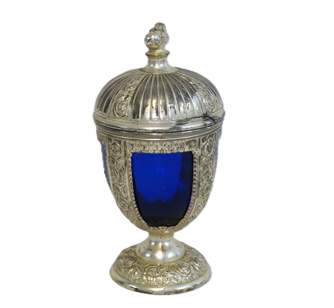OCCUPIED JAPAN SILVER SPELTER CHALICE COBALT GLASS (1 of 4)