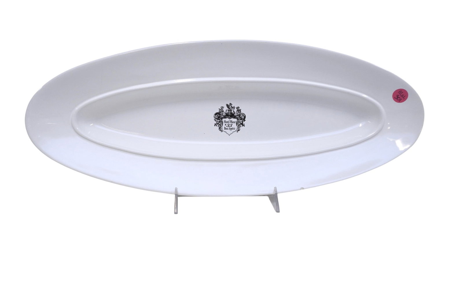 HOTEL MURAT #33 BON APPETIT SERVING PLATTER: Hotel Murat #33 Bon Appetit Oval Serving Platter. Made in Portugal. Measures 7 1/2"x19 1/2"x1 1/2". Weight 2 lbs 12 oz. Small nick to rim. **In house shipping available on this lot** If you win this