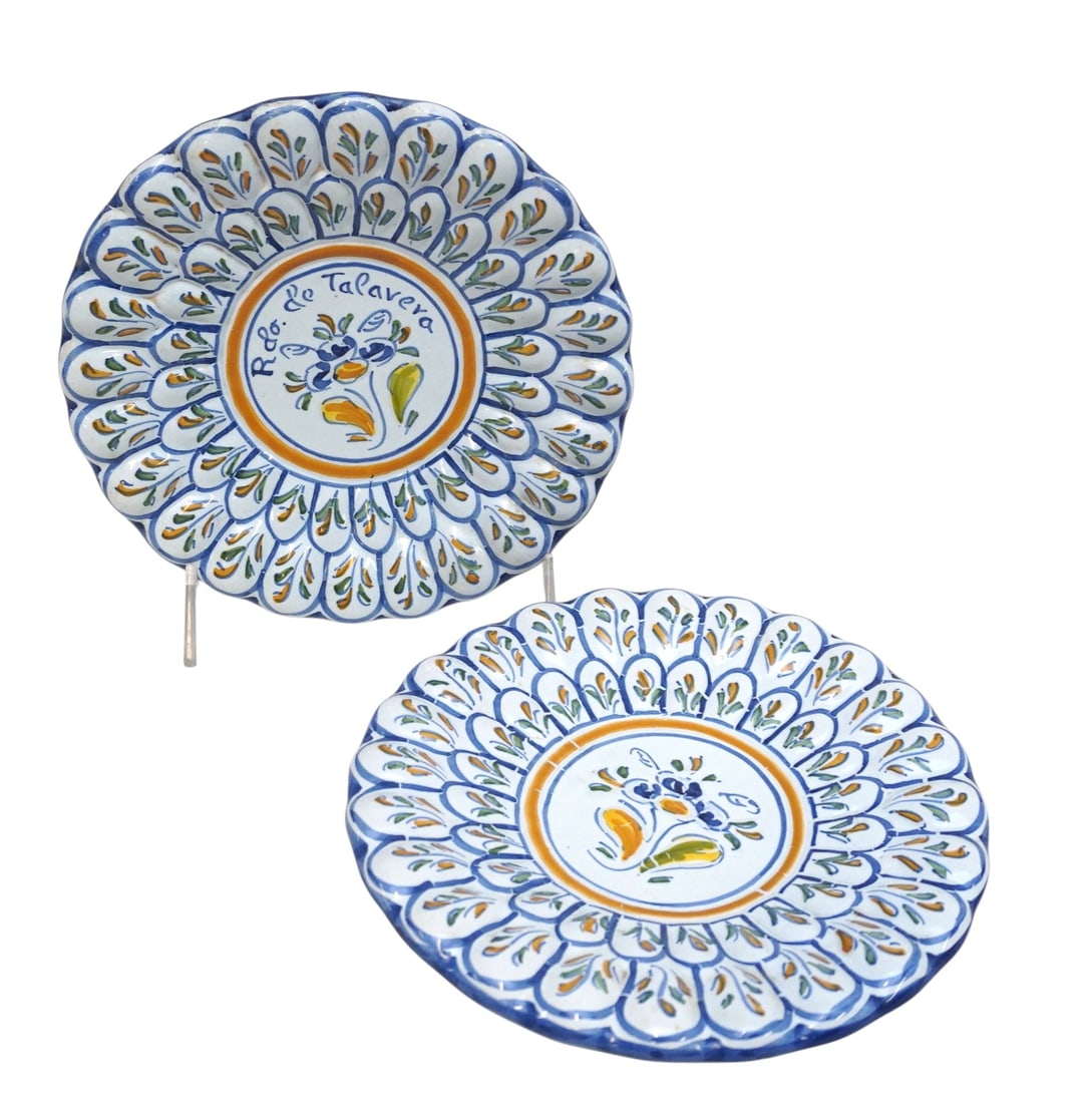 PAIR VINTAGE SPAIN TALAVERA POTTERY PLATES: Pair of Vintage Mid Century Talavera Hand Painted Pottery Plates.Purchased in Madrid. Each 7 1/2"x7 1/2". Weight combine 1 lb 12 oz. **In house shipping available on this lot** If you win this lot,