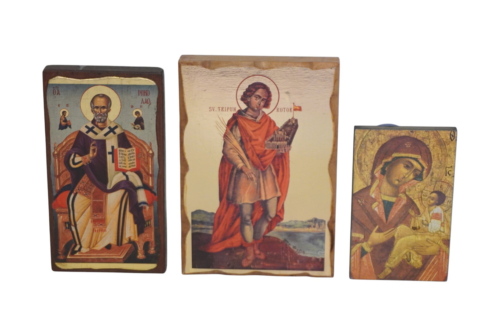 4 VINTAGE ICONS SAINT TRYPHON & SAINT NICHOLAS + MORE: St. Nicholas and Saint Tryphon with Gold Leaf on Wood Plaques. 3"x5 3/4"x1" and 4"x6"x1" Virgin Mary 4 1/2"x2 3/4" and Christ 4 1/2"x2 3/4". Weight on all . Weight Combined 1 lb **In house shipping av