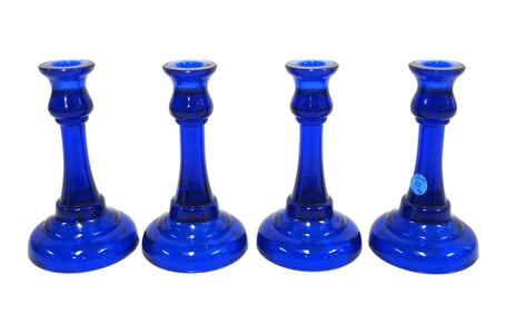 4 COBALT BLUE PRESSED GLASS CANDLESTICKS