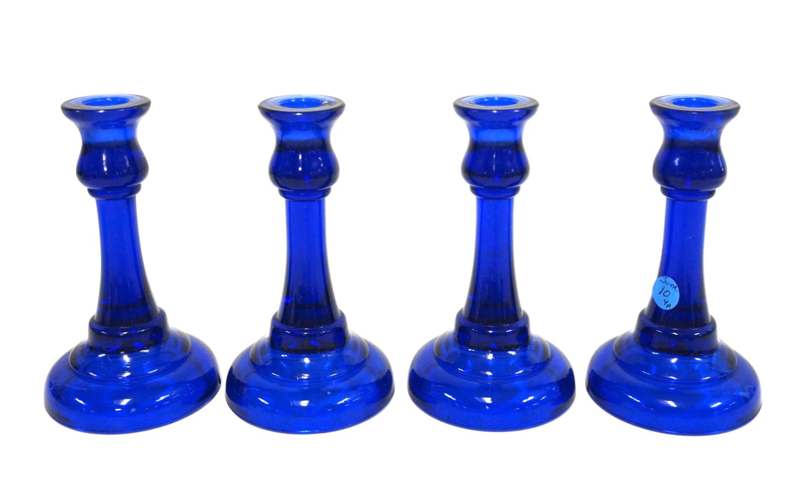 4 COBALT BLUE PRESSED GLASS CANDLESTICKS