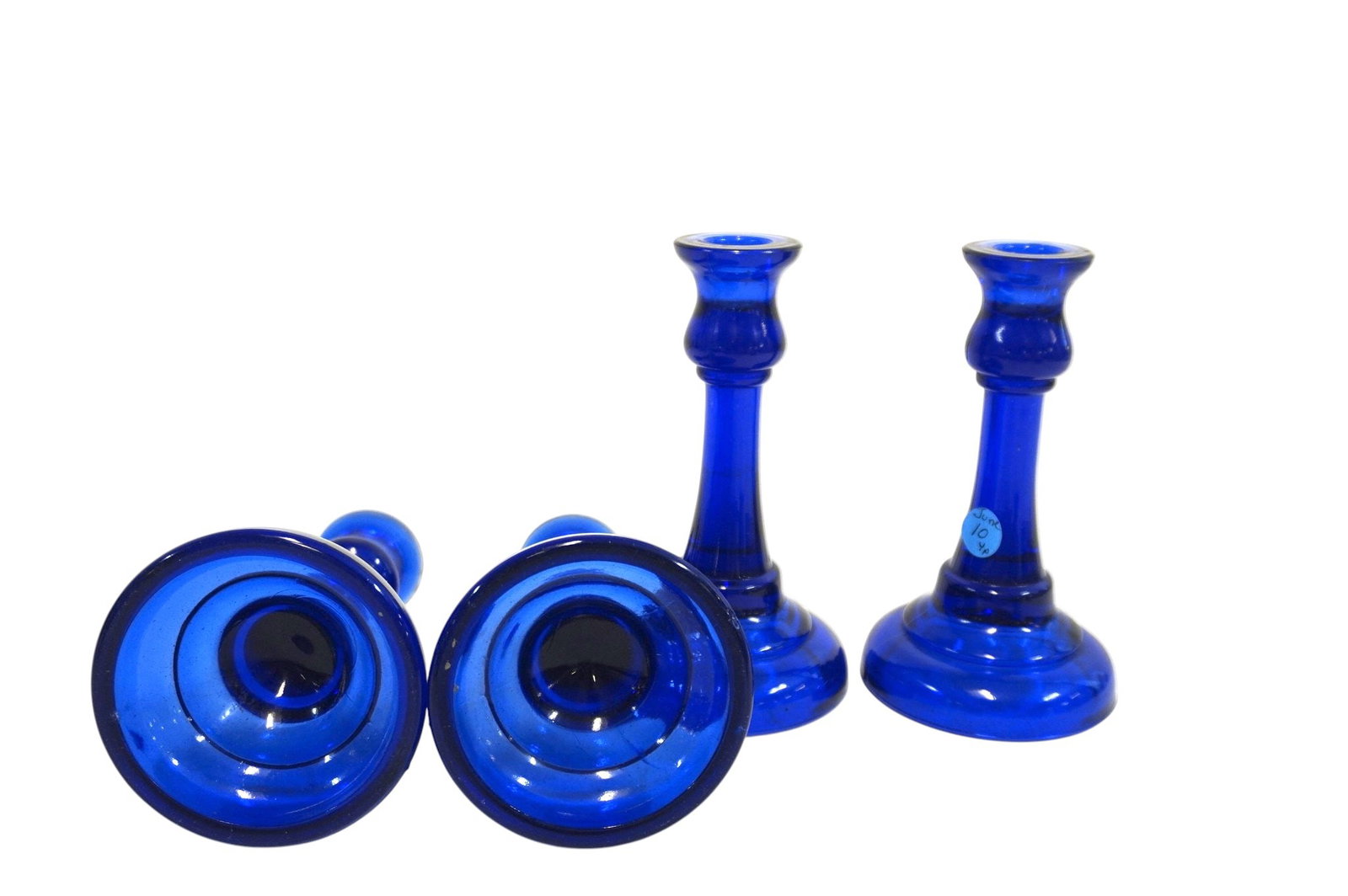 4 COBALT BLUE PRESSED GLASS CANDLESTICKS - 3