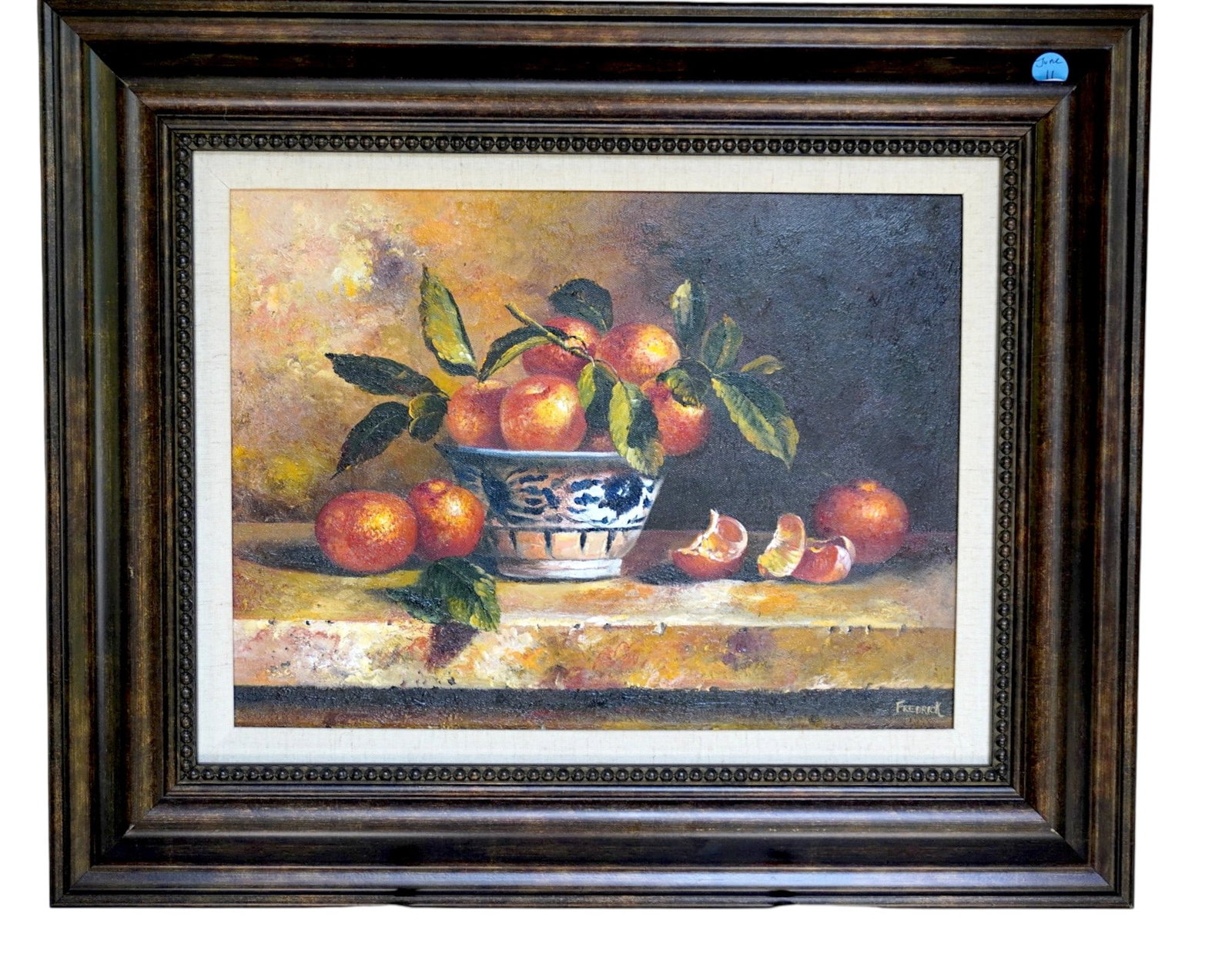 TASTY TANGERINES ORIGINAL STILL LIFE OIL ON CANVAS: Original Still Life :"Tasty Tangerines" Oil on Canvas signed lower right Fredrick. Professionally framed and with linen liner. In frame 23 1/2"x19 1/2"x1 1/2". Weight 3 lbs **In house shipping availab