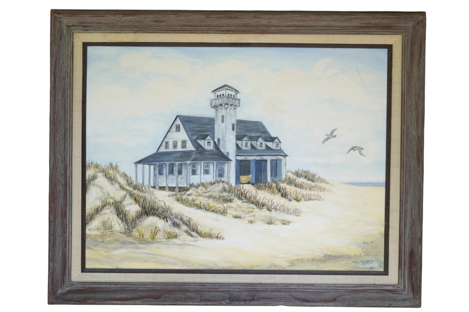 ORIGINAL VINTAGE OIL OUTER BANKS LAST LIFE SAVING STATION: Original Oil on Artist Board of The Last Life Saving Station on the Outer Banks of North Carolina, signed by Laureen White of Staunton, Virginia. Professionally framed. In frame 23"x29"x1 1/2". Weight