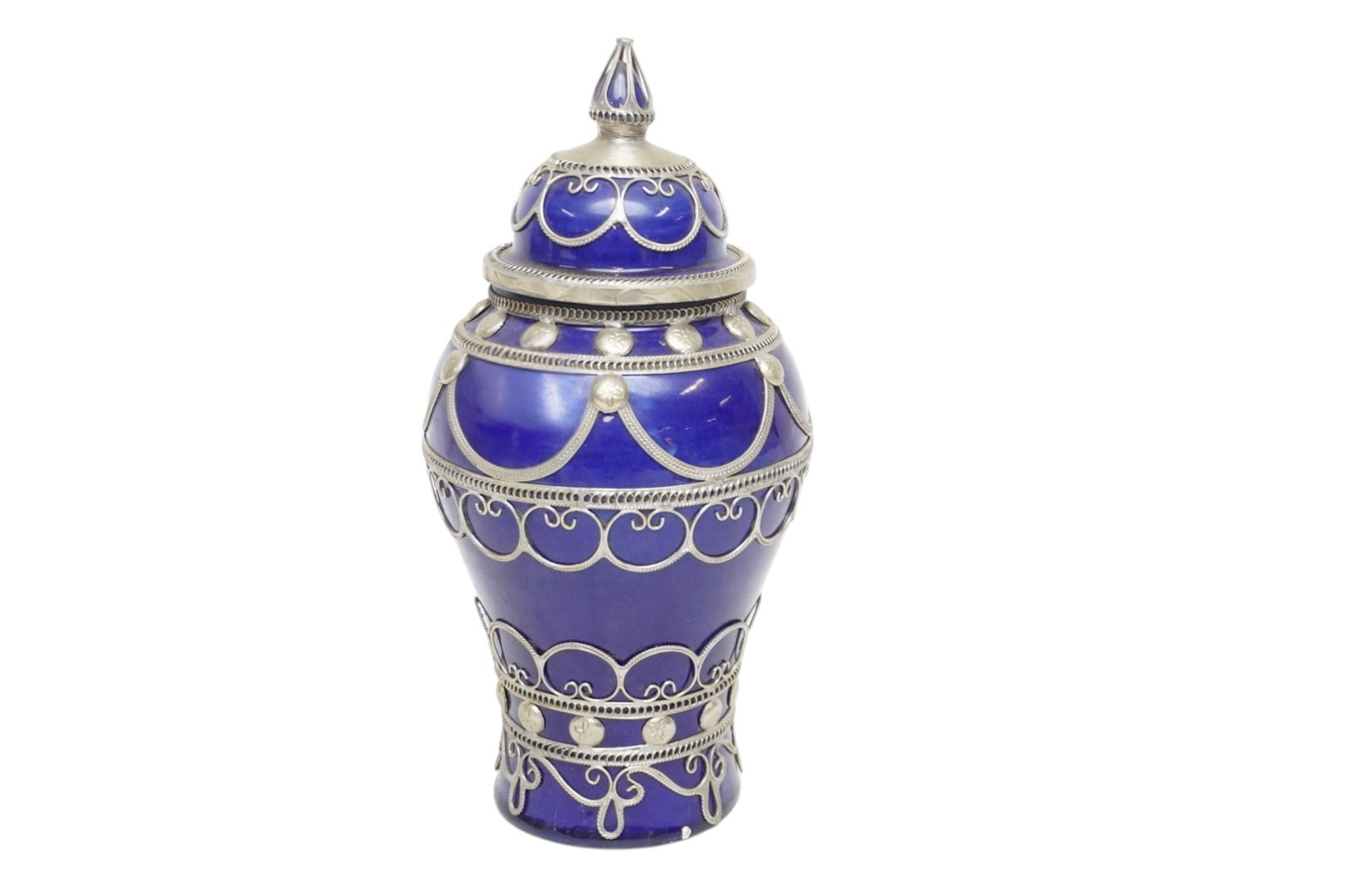 VINTAGE MOROCCAN COBALT BLUE & SILVER OVERLAY JAR (1 of 6)