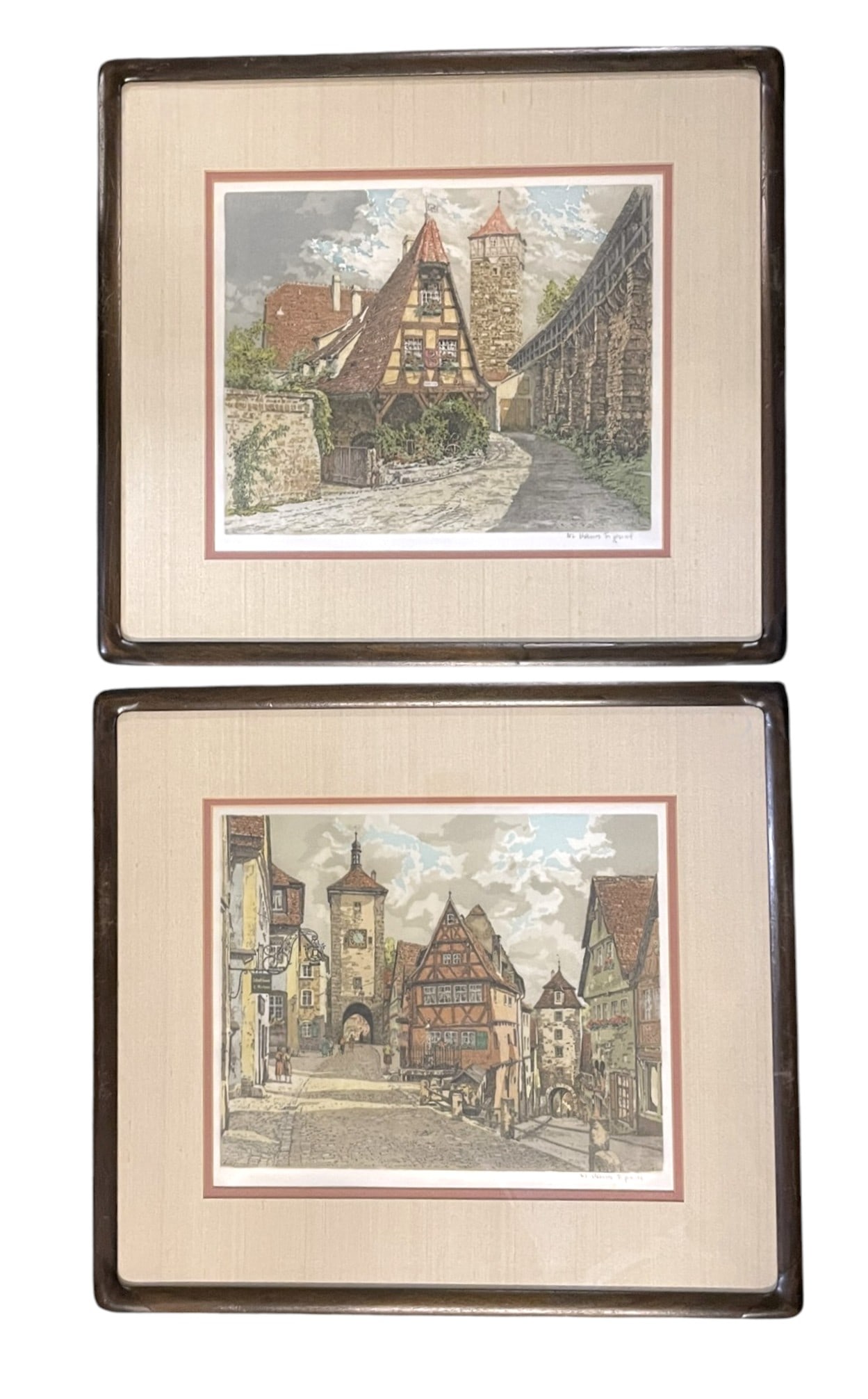 PAIR OF HAND COLORED ETCHINGS ROTHENBURG GERMANY: Pair of Vintage Hand Colored Etchings in Matching Frames. Pencil signed by Hans Figura (1898-1978). Professionally framed and double matted. Each 20"x18 1/4"x3/4". Weight combined 8 lbs 6 oz. A contem
