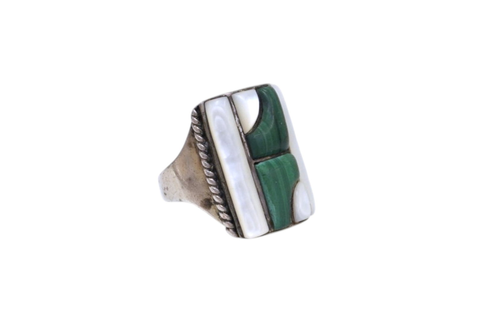 VINTAGE STERLING MALACHITE & MOP MENS MODERNIST RING TAXCO 10.5 (1 of 5)