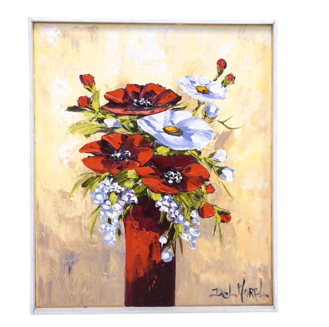BOUQUET OF POPPIES OIL ON CANVAS ISABELLE DEL MORAL: Oil on Canvas Bouquet of Poppies by Isabelle Del Moral of Sanary, France. In white wood frame measures 10 1/4"x12 1/4"x1". Weight to ship 1 lb. **In house shipping available on this lot** If you win t