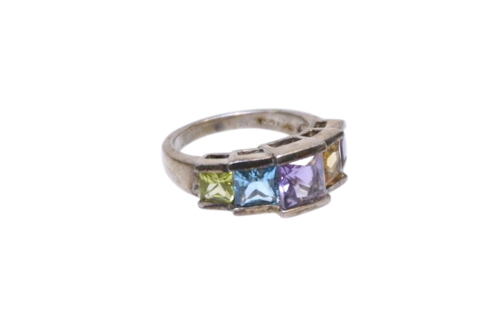 STERLING SILVER PRINCESS CUT MULTI GEMSTONE RING SZ 6.25 (1 of 6)