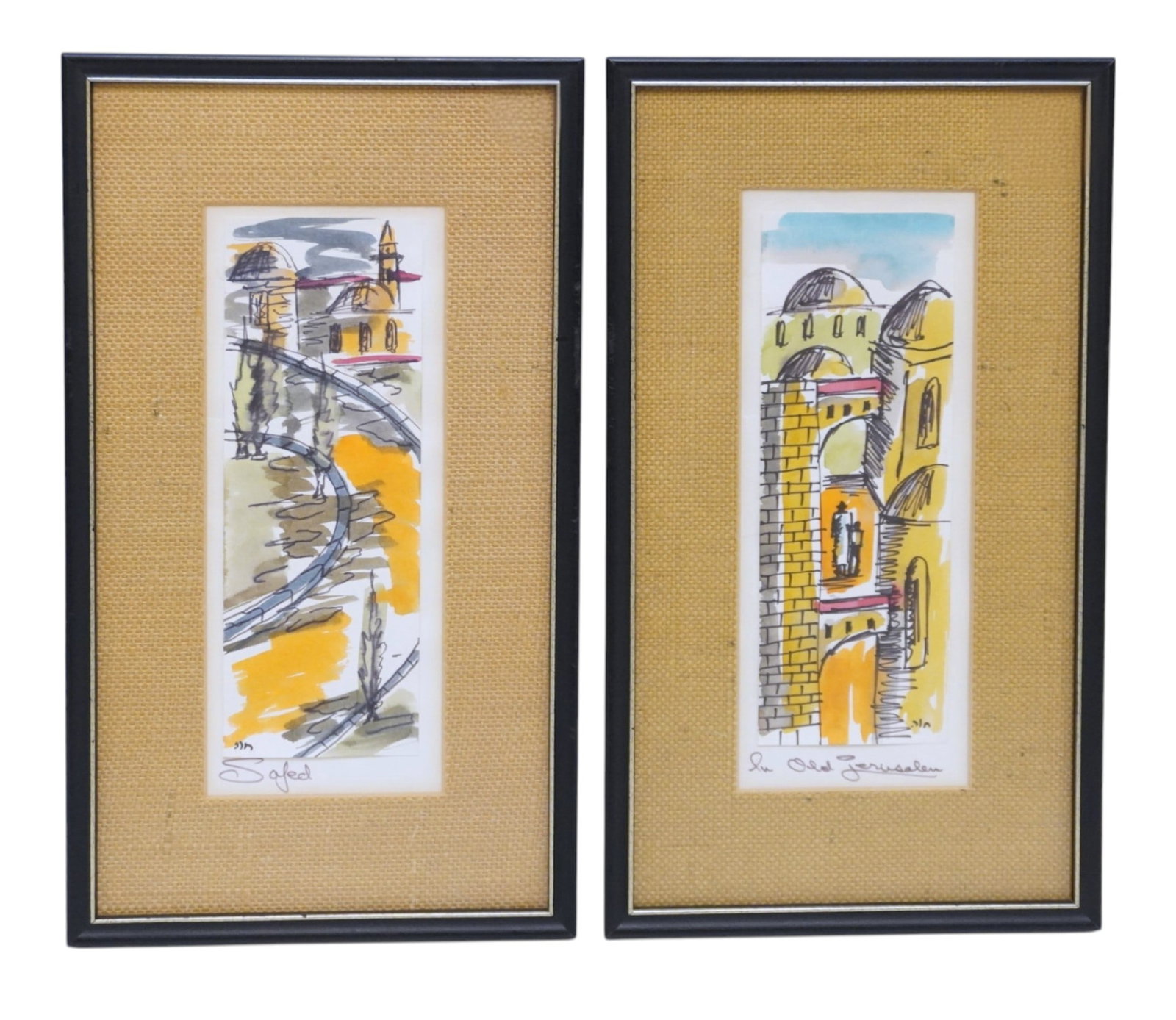 PAIR OF MID CENTURY WATERCOLORS SAFED & OLD JERUSALEM: Pair of Mid Century Abstract Watercolors of Safed and Old Jerusalem, Professionally framed and matted. Each 15 1/2"x8 3/4"x3/4". Weight combined 2 lbs 12 oz **In house shipping available on this lot**